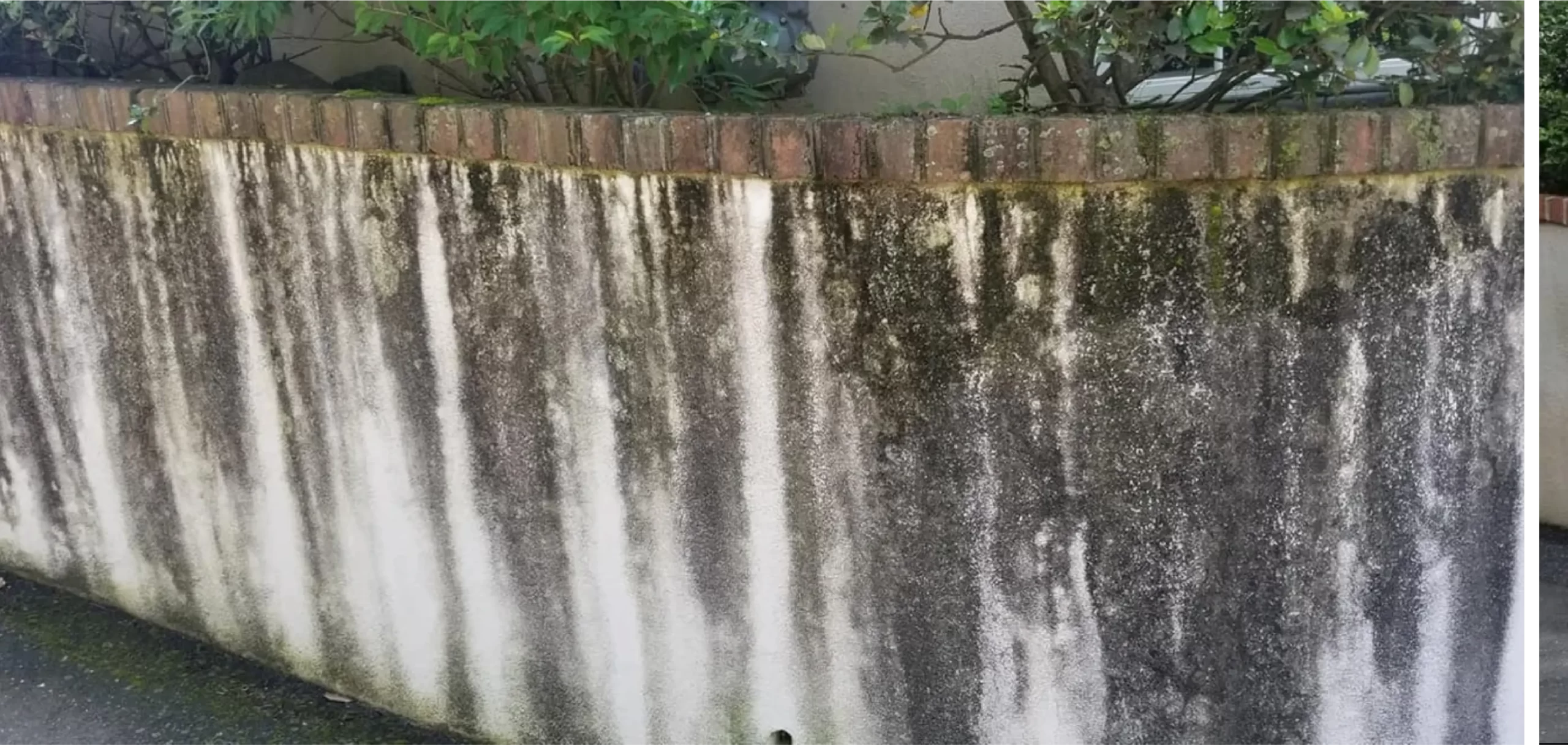 Before and after: a dirty white-painted fence with a wall in the background.