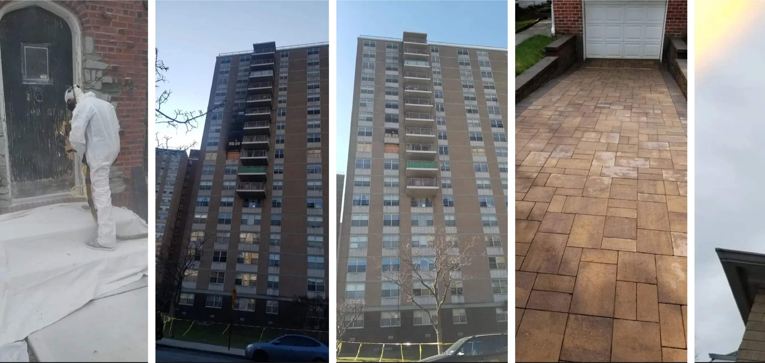 four images showing a worker in protective gear, two tall apartment buildings, a newly paved driveway, and a portion of a roof with a rainbow in the background.