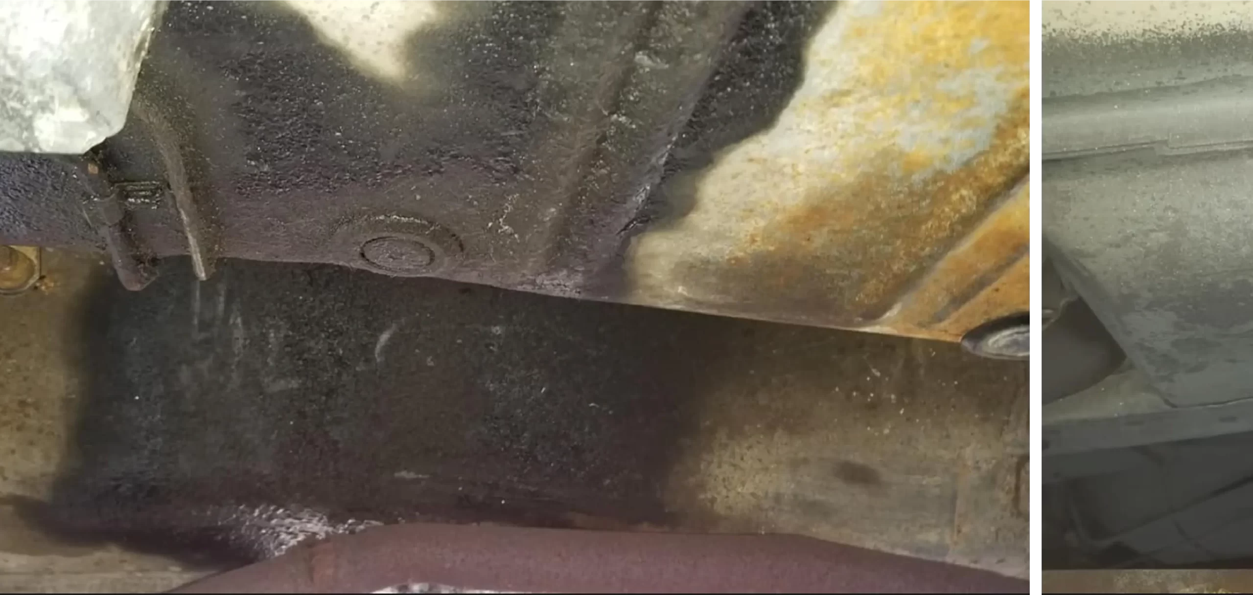 Before and after: a close up of a dirty metal surface